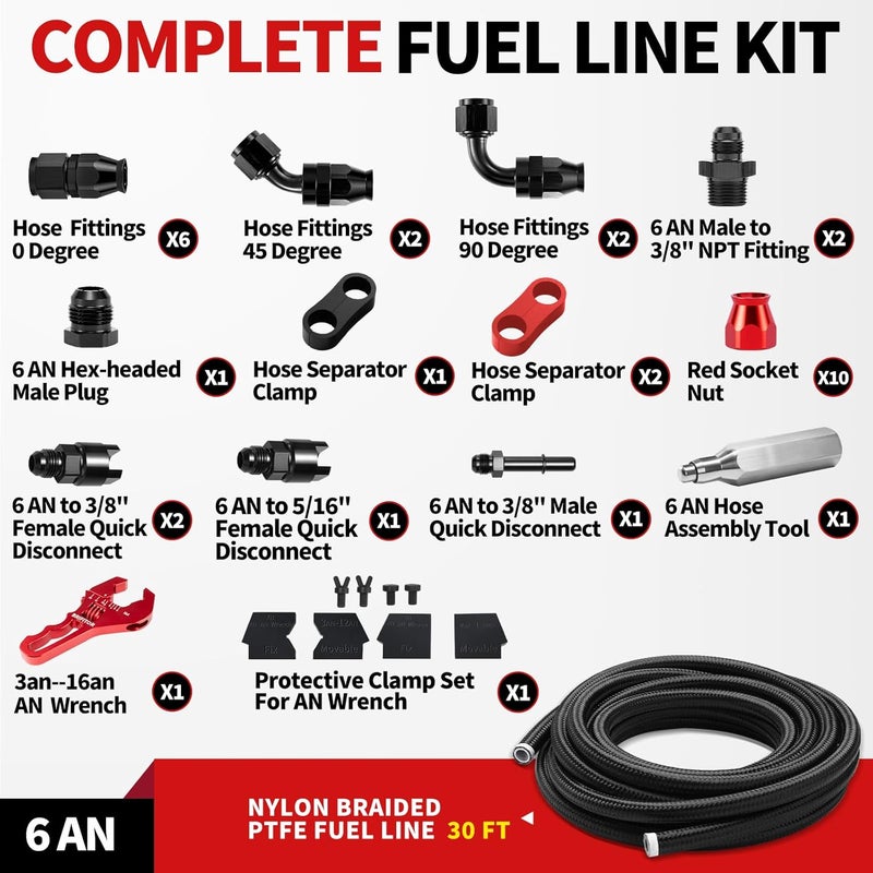BRIFITOR 6AN PTFE Fuel Line Kit, Nylon Braided E85 Fuel Hose 30FT With AN6 Hose End Fittings, Quick Disconnect Fitting Adapters & Exclusive Easy Assembly Tool For LS Swap EFI Fuel Injection System - Image 3